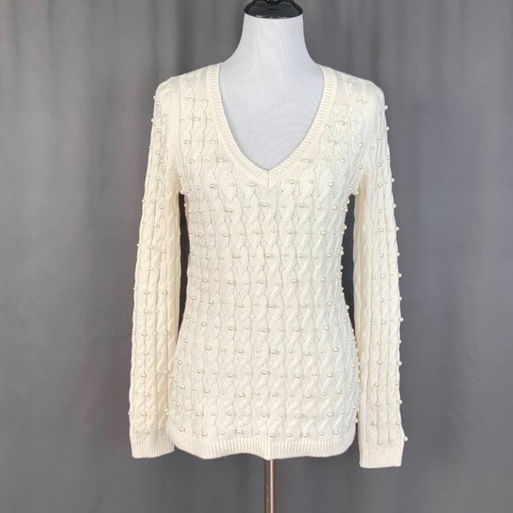 Boston Proper Sweater White/Cream V Neck Cable Knit Pearl Embellished Size M - Picture 6 of 16